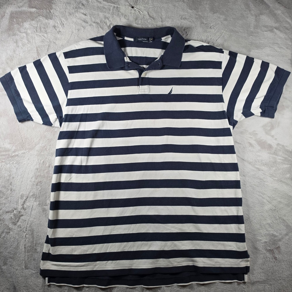 Nautica Polo Shirt Mens 3XLT Navy Blue White Striped Short Sleeve Cotton Pique